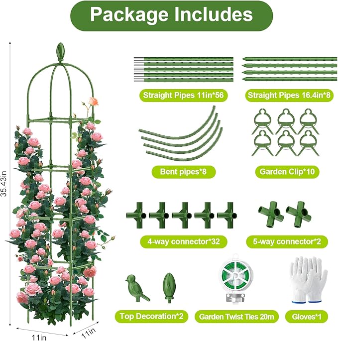 2 Pack Garden Obelisk Trellis, 70IN Tall Plant Support for Climbing Vine, Metal Covered Plastic Rustproof Heavy Duty Rose Trellis Indoor Outdoor (Green, 70 * 11.8 * 11.8IN（H*W*L）)