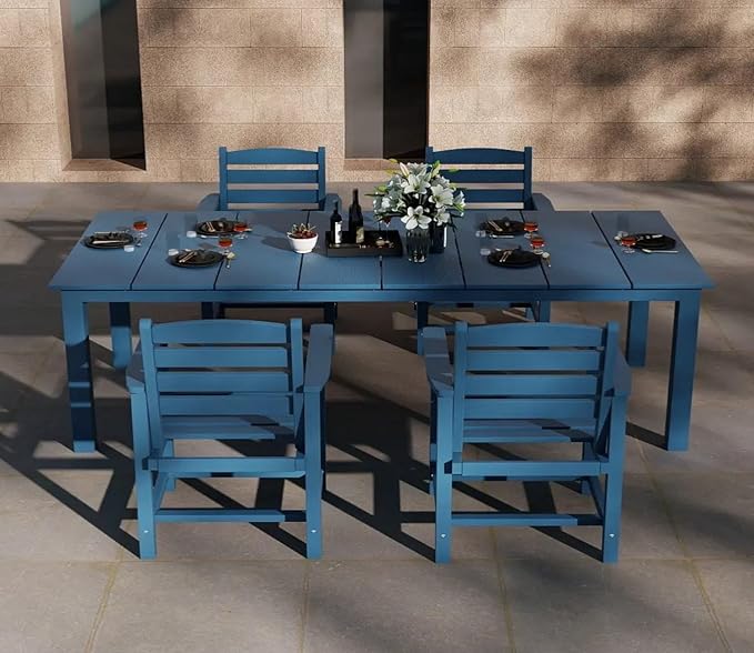 5-Piece Navy Blue Outdoor Dining Set for 4, 75.2'' HDPE Table with Umbrella Hole & Chairs, Weather-Resistant Patio Furniture for Garden, Lawn, or Poolside