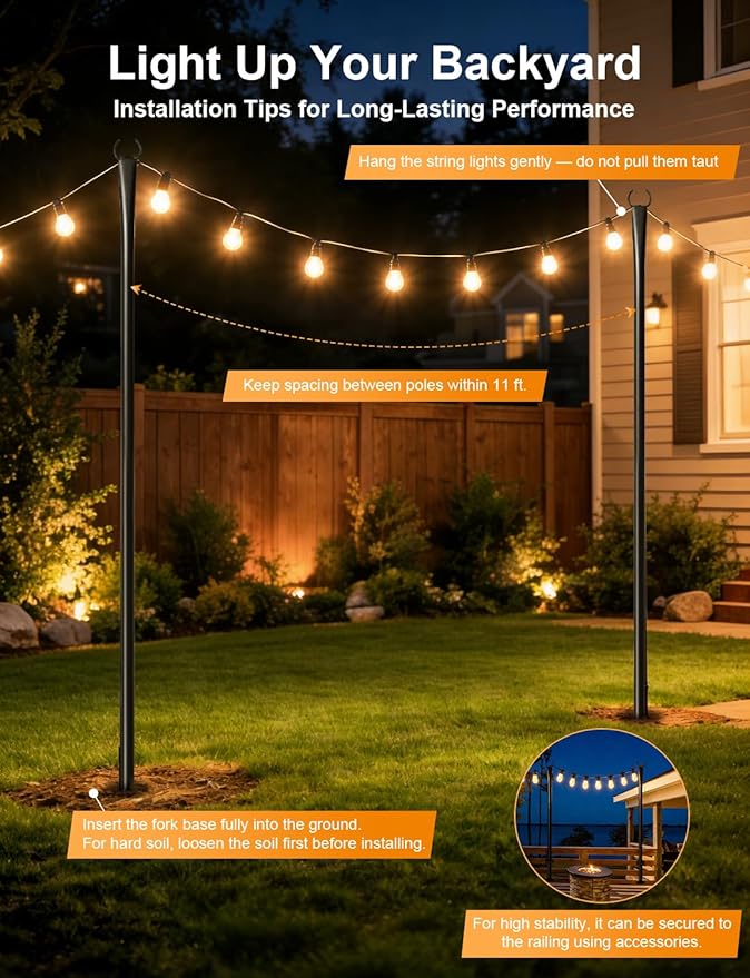 4 Pack String Light Poles for Outside, Thickened Metal Christmas Lights Hanger Pole Outdoor with Fork, Lighting Hanging Post Accessories for Patio Decor Garden Backyard Yard Outside Decorations