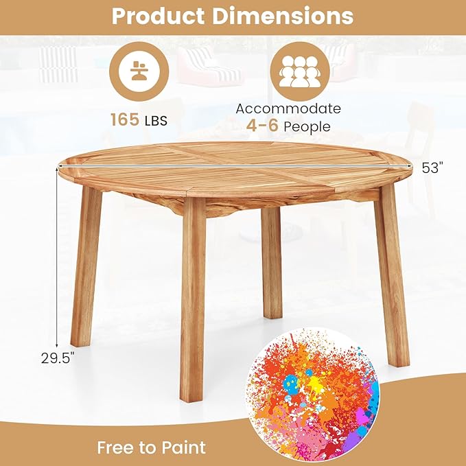 Tangkula 53" Round Outdoor Dining Table for 4-6 People, Acacia Wood Patio Table with Large Tabletop & 2" Umbrella Hole, Farmhouse Dining Furniture for Yard, Deck, Garden, Poolside