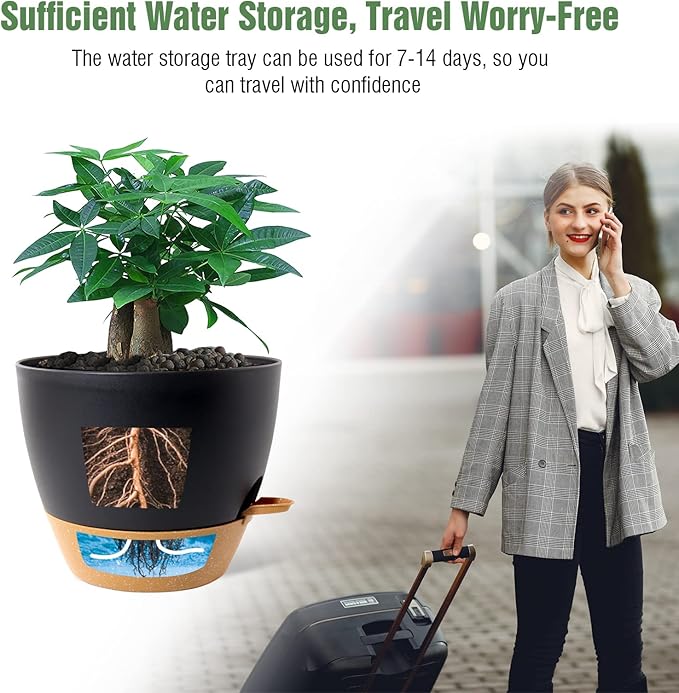 12inch 2Pack Large Self Watering Planters, Plastic Plant Pots with 60oZ Removable Deep Reservoir and Multi Mesh Drainage Holes for Indoor Outdoor Garden Plants and Flowers, Black with Brown