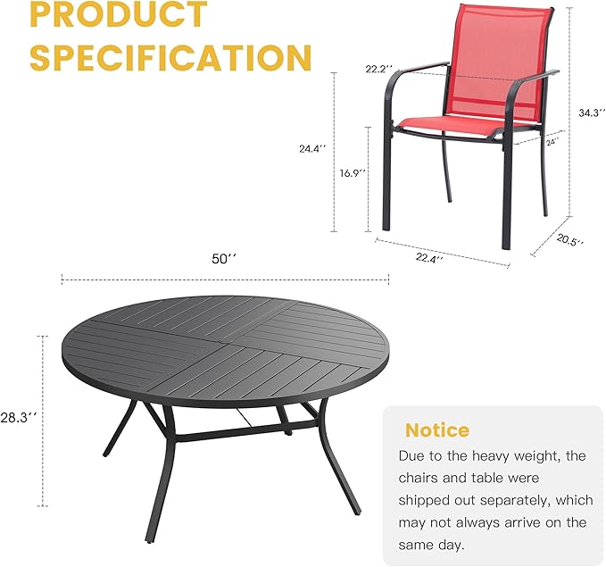 VICLLAX Patio Table and Chair Set of 6, All Weather Metal Round Outdoor Dining Furniture Set-50 Round Outdoor Table and Chairs, Black Tabletop