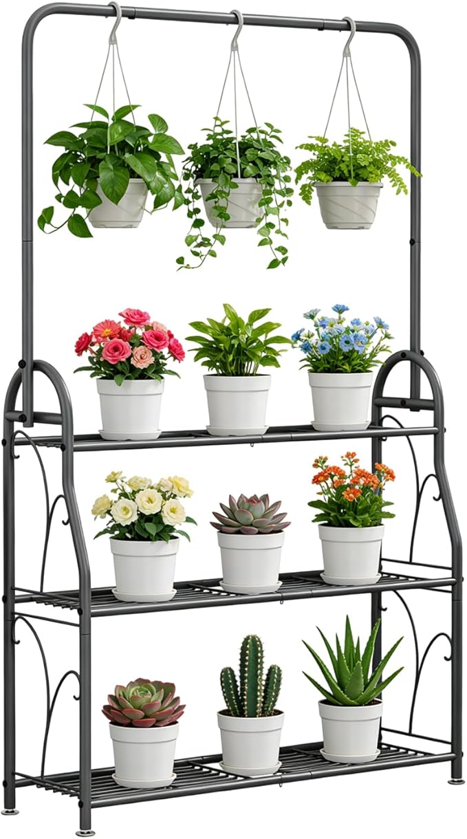 SORCEDAS Plant Stand Indoor Outdoor 3 Tier Tall Corner Hanging Plant Shelf Metal Flower Stands Ladder Plant Holder for Living Room Balcony Garden Patio Multiple Plants, Dark Grey