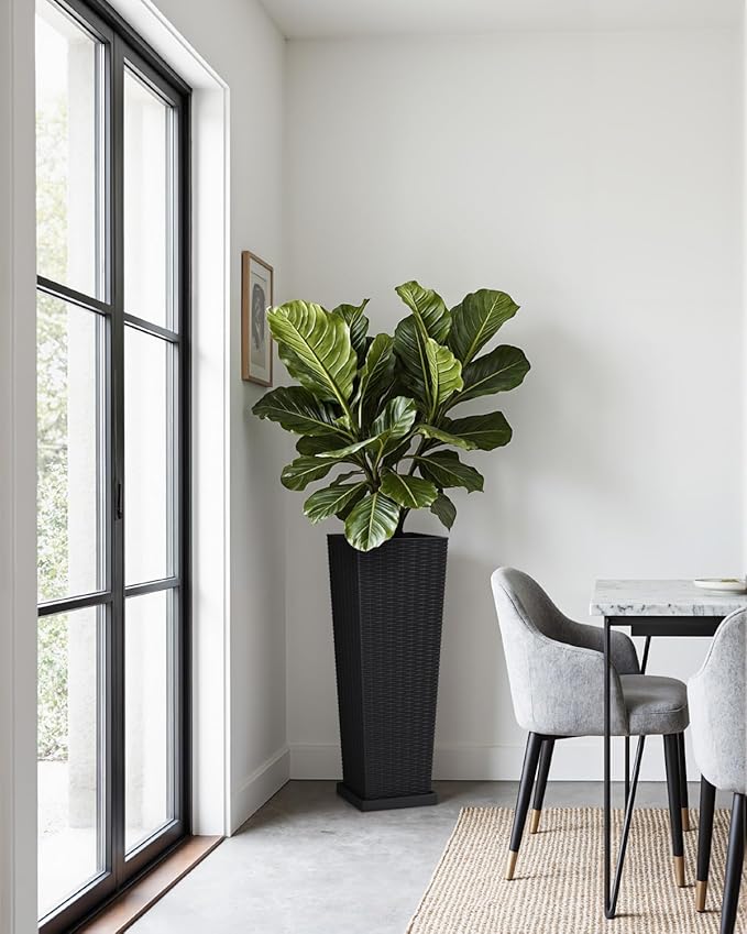 Greesum Set of 2 Tall Plastic Planters with Saucer, 32 Inch Large Pots with Drainage Trays, Weather-Resistant Plastic Plant Containers for Patio, Porch, Garden,Black