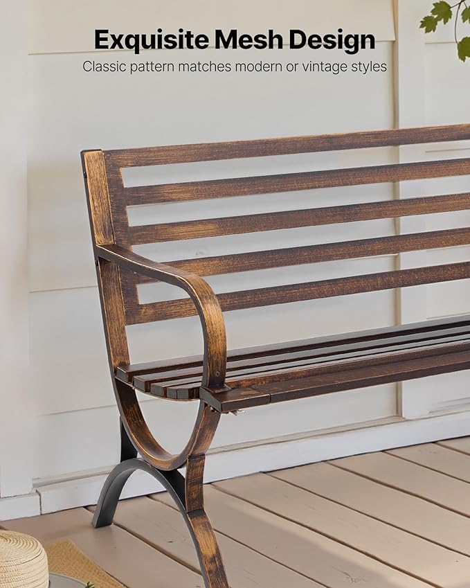 VEVOR Outdoor Bench, 50 inch, Carbon Steel Metal Frame with Slatted Pattern Backrest and Round Edge Armrests, Weatherproof Outside Bench for Patio, Garden, Park, Yard, Front Porch, Antique Bronze