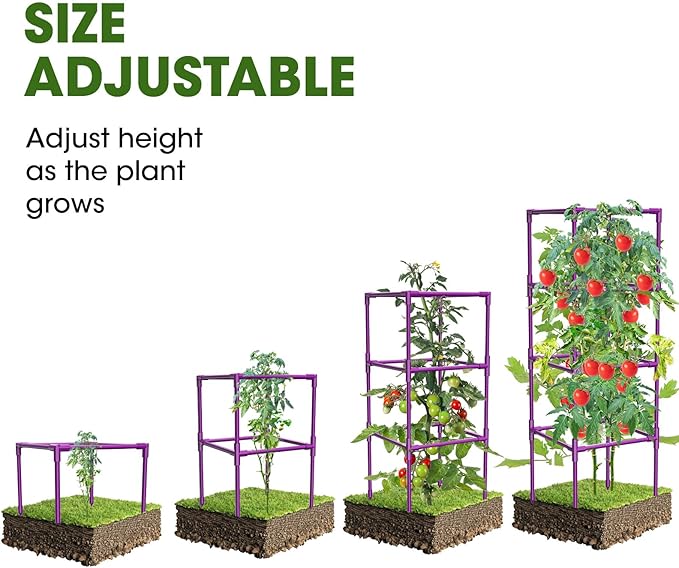 3 Pack Tomato Cages, Square Tomato Plant Stakes Support Cages Trellis for Garden Climbing Vegetables Flowers Fruits,Extra Bold,Purple