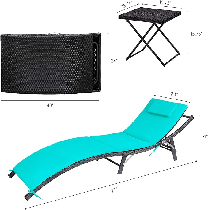 Devoko Patio Chaise Lounge Sets Outdoor Rattan Adjustable Back 3 Pieces Cushioned Patio Folding Chaise Lounge with Folding Table (Blue)