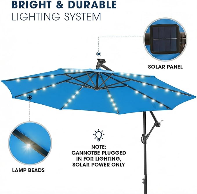 wikiwiki 10ft Solar LED Patio Umbrella with Base Included, Offset Umbrella with Sandbag Base, Cantilever Patio Umbrellas for Backyard, Garden & Deck, 32 LED Lights & Polyester Shade, Royal Blue
