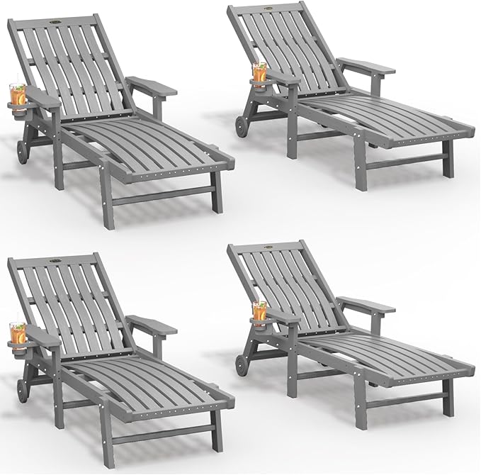 Patio Chaise Lounge Chair Set of 4, Oversized Lounge Chair Outdoor with 5 Positions, HDPE, Patio Lounge Chair with Wheels & Cup Holder for Pool, Deck, Poolside,Grey