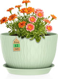 12 Inch Large Plant Pots for Indoor or Outdoor Plants, Wide Water Ripples Flower Pots with Drainage Holes & Saucer, Plastic Planters Set for Garden & Home Decor (Green)