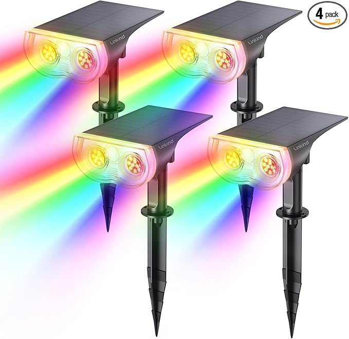 Linkind Solar Lights Outdoor Waterproof IP65, StarRay RGB Solar Spot Lights Outdoor, Color Changing Outdoor Solar Lights for Yard, Garden, Pathway, St. Patrick's Day (Multicolor, 4 Pack)