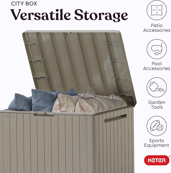 Keter City 30 Gallon Resin Outdoor Storage Box & Patio Side Table for Balcony, Pool, Deck & Garden Accessories, Weather‑Resistant, Beige