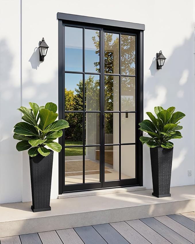 Greesum Set of 2 Tall Plastic Planters with Saucer, 24 Inch Large Pots with Drainage Trays, Weather-Resistant Plastic Plant Containers for Patio, Porch, Garden,Black