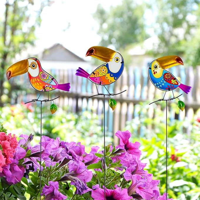 Decorative Garden Stakes,Set of 3 Toucan Stained Glass Metal Yard Art Outdoor,Waterproof Spring Garden Stakes Decorative for Lawn Patio Pathway