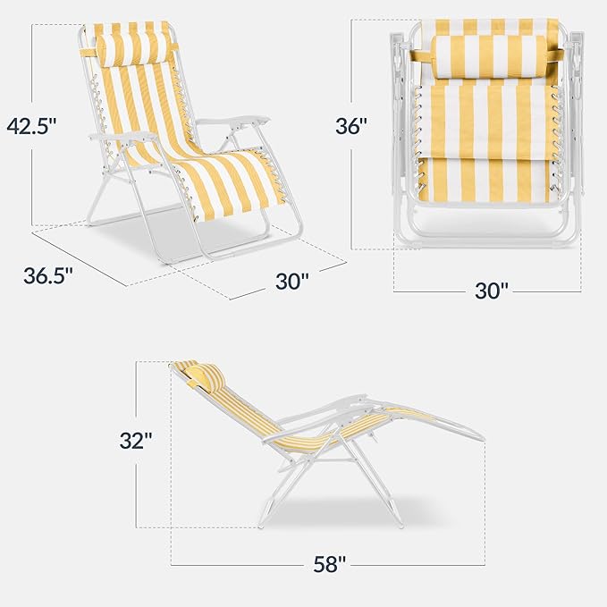 Best Choice Products Set of 2 Extra Wide Adjustable Steel Mesh Zero Gravity Lounge Chair Recliners w/Pillows and Cup Holder Trays - Marigold Stripes/White