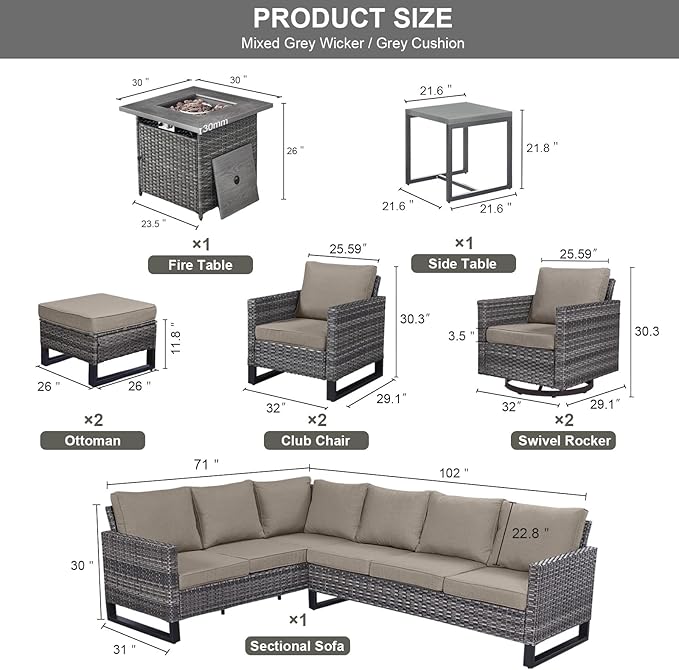 Patio Sectional Furniture Set with Fire Pit Table: 10 Pieces Wicker Patio Conversation Set with L Shaped Sofa, Outdoor Swivel Glider Rocker, Rattan Club Chairs, Ottomans, Removable Cushions Grey