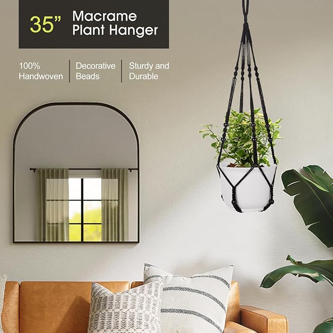 RIFNY Macrame Plant Hanger Indoor, 35 Inch Hanging Plant Holder with Hooks, Large Boho Hanging Basket Plant Hanger for Wall Window Ceiling Plants Decor (Black, 1PC)
