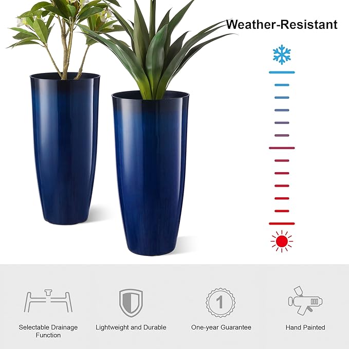 Glitzhome 30" H Tall Planters for Outdoor Plants, Set of 2 Plastic Large Outdoor Planters with Gradient Cobalt Blue Faux Ceramic Finish,Large Flower Pots with Drainage Holes for Front Porch Indoor