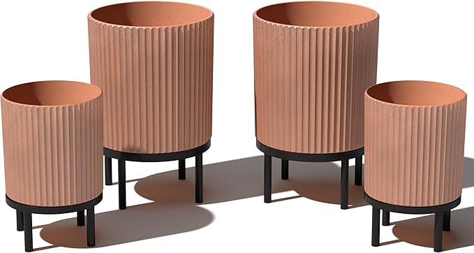 Veradek Demi Series Round Planter w/Stand for Porch/Patio | Durable Plastic-Stone Composite & Wooden Stand | Modern Décor for Tall Plants, Flowers