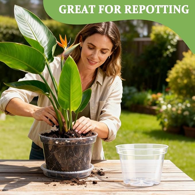 10 Pack 10 Inch Clear Nursery Pots with Saucers, Transparent Sturdy Plastic Plant Pots, Large Gardening Pots with Drainage Hole, Planting Starter Pot for Indoor Outdoor Flowers Herbs Vegetables