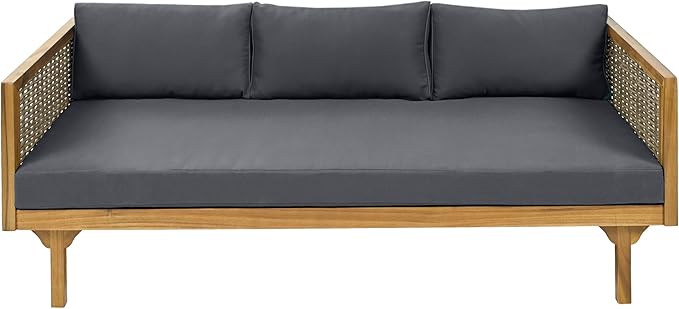 Merax 67.5" Outdoor Patio Daybed 3 Seater Sofa Bed,Acacia Wood Frame with Rattan Arm,Cushion & Pillow for Garden