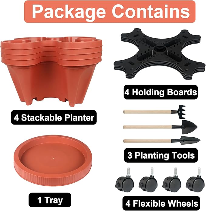 GameXcel Vertical Planter 4 Tier Stackable Planters Garden Planters Strawberry Herb Flower and Vegetable Planter Indoor Outdoor Gardening Pots with Removable Wheels and Tools 2-Pack