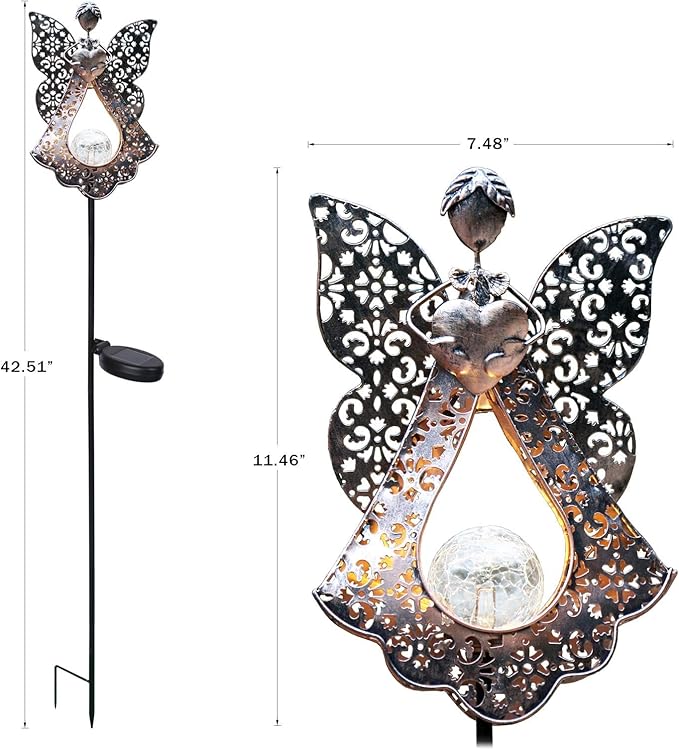 KAIXOXIN LEDs Solar Stake Lights for Garden Metal Warm White, Memorial Gift - Perfect as Remembrance & Sympathy Gifts (Angel-Bronze) (Angel)
