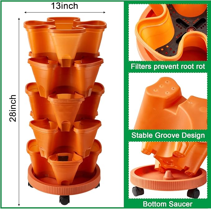 Umigy 2 Set 5 Tier Stackable Planters Vertical Garden Planters for Strawberry Herb Flower and Vegetable Indoor Outdoor Gardening Pots with Removable Wheels and Bottom(Terracotta)
