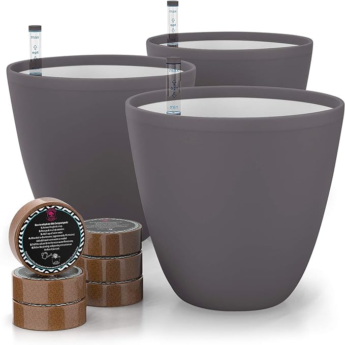 GARDENIX DECOR 7'' Self Watering planters for Indoor Plants - with Water Level Indicator for Flower Pot , Grow Tracking Tool - Coco Coir - Gray 3 Pack