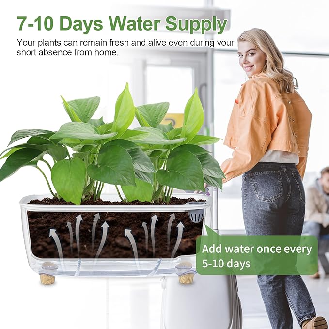 Self Watering Planter with Coco Coir Pellets, 11.8 Inch Plastic Rectangular Windowsill Plant Pot with Drainage Holes, High Clear Modern Decorative Flower Pot for Indoor Plants, African Violets