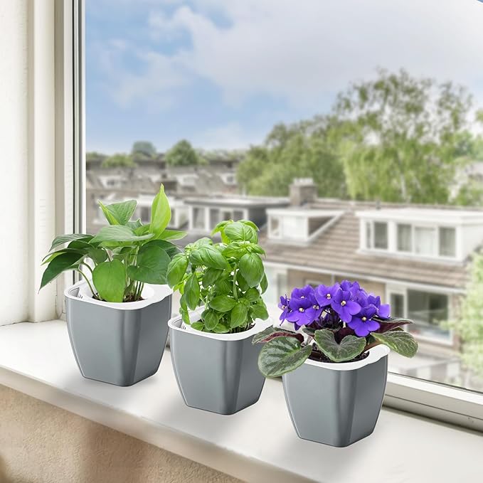 4 Pack Self Watering Pots 4-inch Decorative Flower Planters for Indoor Plants Modern Square planters for Small Plants Window Sill Planters for Succulents, African Violets, Herbs(Sliver Black)