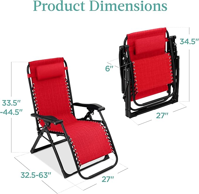 Best Choice Products Oversized Zero Gravity Chair, Folding Outdoor Patio Recliner, XL Anti Gravity Lounger w/Removable Cushion, Cup Holder, Side Tray, 350lb Capacity - Crimson Red