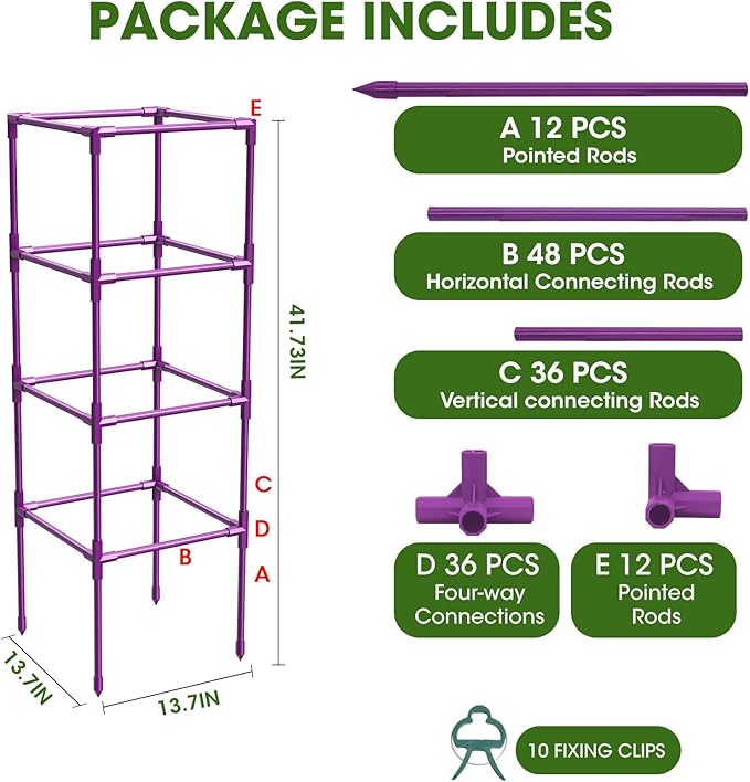 3 Pack Tomato Cages, Square Tomato Plant Stakes Support Cages Trellis for Garden Climbing Vegetables Flowers Fruits,Extra Bold,Purple