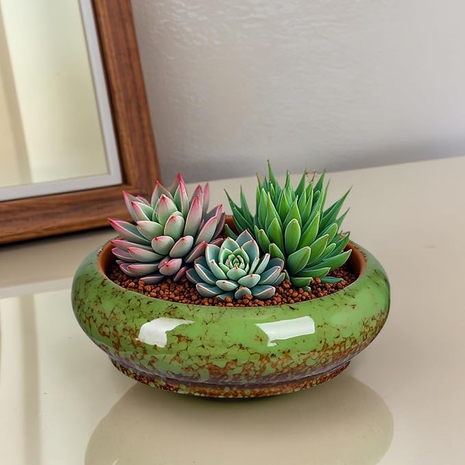 7.3 Inch Succulent Planters Pots Shallow Ceramic Glazed Planter Pots, Lotus Bowl Planter Round Shallow Planter Water Lily Pot for Indoor/Outdoor Plants Decorative (Green