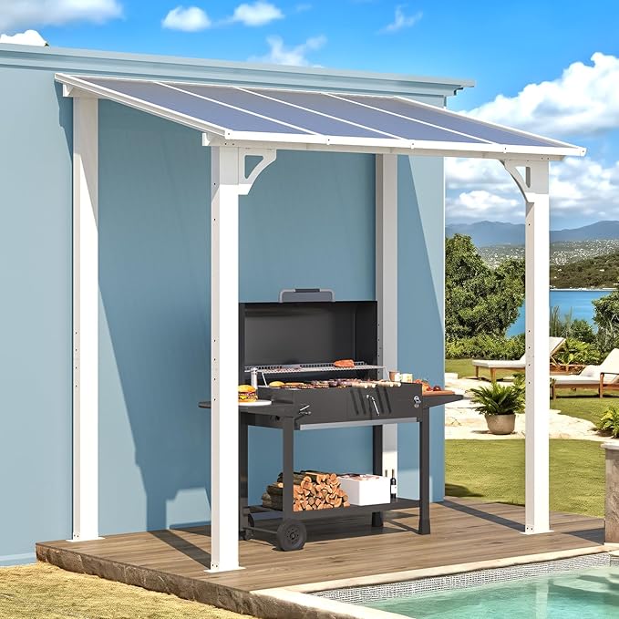 AECOJOY 8' x 5' White Gazebo Outdoor Pergola for Patio, Lean to Hard Top Grill Gazebo Shelter Pergolas and Gazebos Clearance with Roof, Small Wall-Mounted Heavy Duty Awnings for Patio, Decks, Backyard