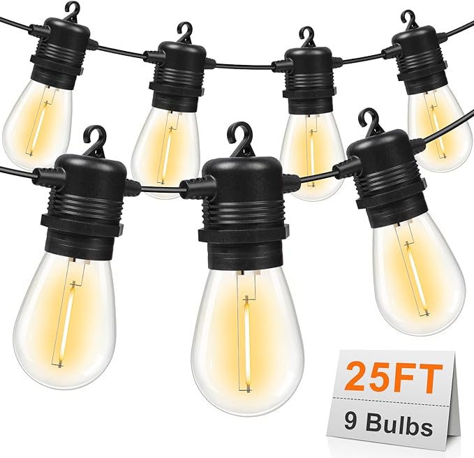 LED Outdoor String Lights 25FT with 9 Shatterproof S14 Bulbs, Waterproof for Porch, Deck, Garden, Balcony, Dimmable 2700K