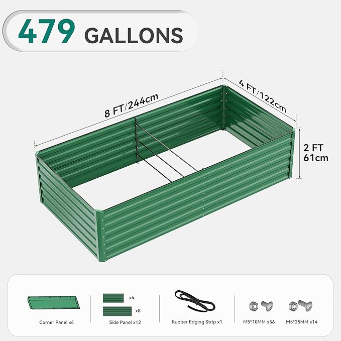 YITAHOME 8x4x2ft Large Raised Garden Bed Kit, Galvanized Metal Planter Box with Gloves, Ground Nails, Support Rod & Safety Rubber, Outdoor Above Ground Planters for Plants Vegetables Flowers, Green
