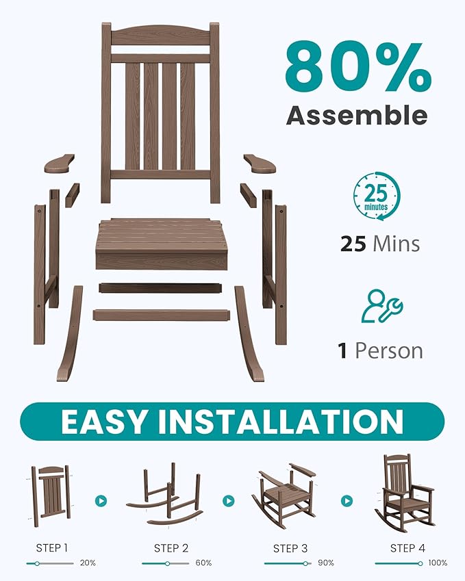 SERWALL HDPE Outdoor Rocking Chair for Adults, Heavy Duty Patio Rocking Chair, All-Weather Oversized Porch Rocker, Brown