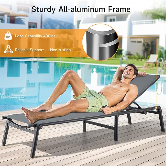 ONBRILL Aluminum Chaise Lounge Chair Outdoor, Foldable & Assembly Free Outdoor Lounge Chair with 5 Position Adjustable Backrest, Patio Pool Lounge Chairs for Outside Poolside Beach Lawn, 1PC, Grey
