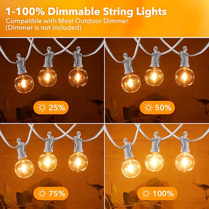 Brightown Outdoor String Lights, 50FT 25 G40 Bulbs Shatterproof Patio Lights, IP65 Waterproof Dimmable Hanging Connectable Globe LED Outdoor Lights for Backyard, Bistro, Porch, Deck, Balcony, White