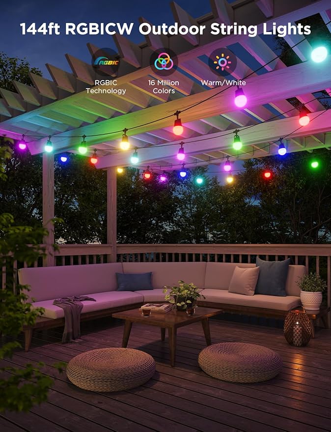 Govee Smart Outdoor String Lights 2, 144ft Outdoor Lights with Dimmable Warm White LED Bulbs, 47 Scene Modes for Patio, Backyard, Balcony, IP65 Waterproof, Works with Alexa, App Control
