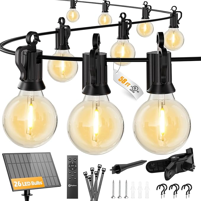 Brightown 58FT Solar String Lights Outdoor with Remote and 26 LED Shatterproof Bulbs, Dimmable & Timable, 3 Light Modes, Solar Patio String Lights Outdoor for Cafe, Garden, Deck, Outside Wedding