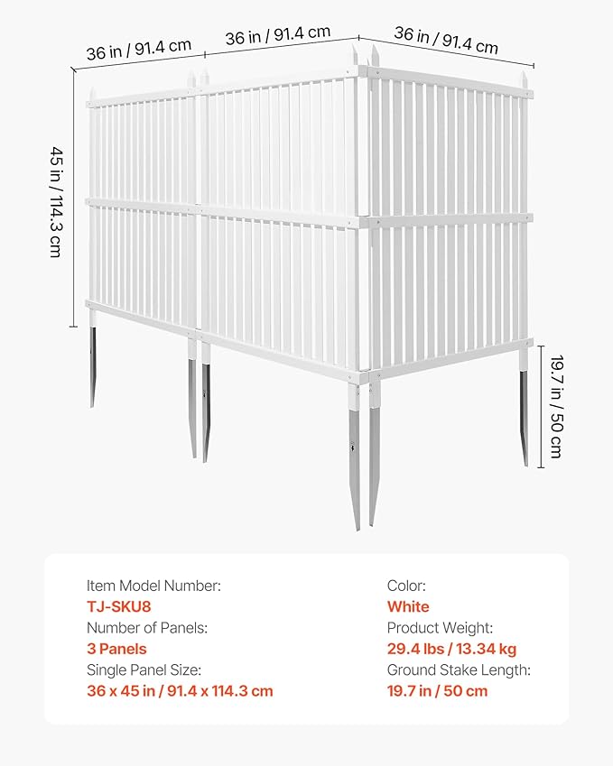 VEVOR 3 Panels Outdoor Privacy Screen, 36 x 45 in Air Conditioner Fence with 19.7 in Ground Stakes, Pool Equipment Enclosure, Strip Vinyl Privacy Fence, Ideal for Trash Can and A/C Units, White