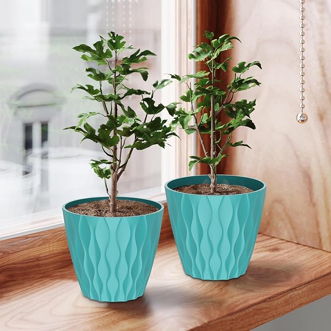 6 Pack 7 Inch Indoor Plant Pots with Drainage Holes, Outdoor Plastic Decorative Flower Pots, Garden Planters with Tray Saucers for Orchids, Violets, Succulents, Herbs, and Other Plants