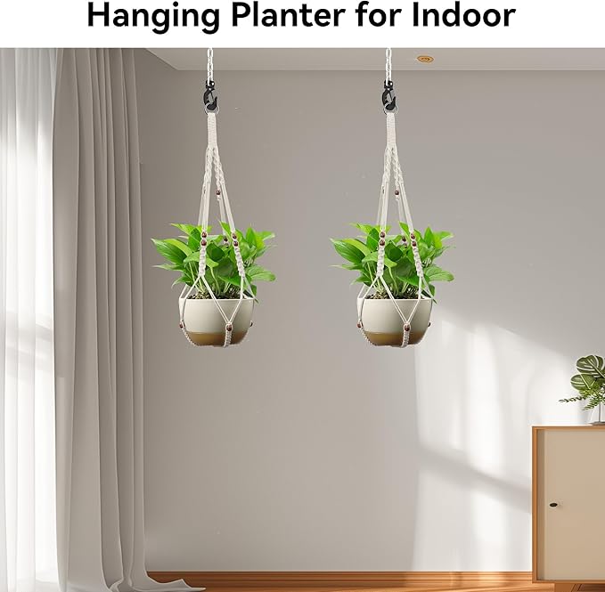 USLAI Macrame Plant Hanger Indoor Outdoor, Fits 4 to 15 Inch Pots, Strong Hanging Planter Holder, Boho Home Decor, 35+35 Inch, Ivory+Red Bead, Set of 2 (POTS NOT Included)
