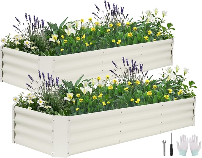 Galvanized Raised Garden Bed - 6x2x1ft (2Packs) Metal Garden Planter Box Outdoor | Steel Raised Bed Kit with Bracing Rods, Gloves for Gardening Vegetables Fruits and Flowers (White)