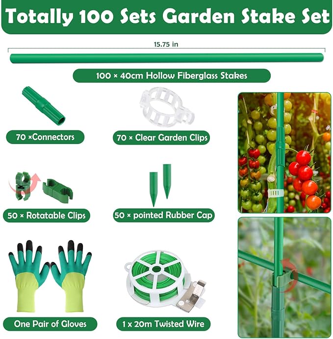 Cludoo 342PCS Garden Stakes Set with 100 Sets Fiberglass Plant Stakes Sticks Supports and Accessories, DIY 4ft 5ft 6ft 7ft Tomato Stakes for Tomato,Vegetables, Pepper, Indoor Outdoor Spring Plants