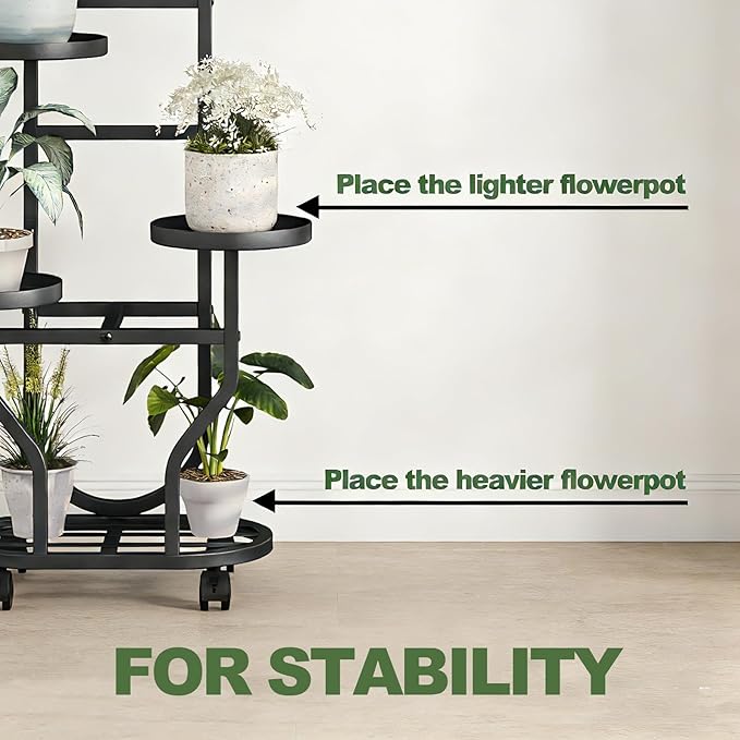 Plant Stand Indoor Outdoor 4 Tier Flower Holder with Wheels Metal Plant Shelf Corner Display Rack Multi Plants Sheleves for Living Room Garden Patio Black