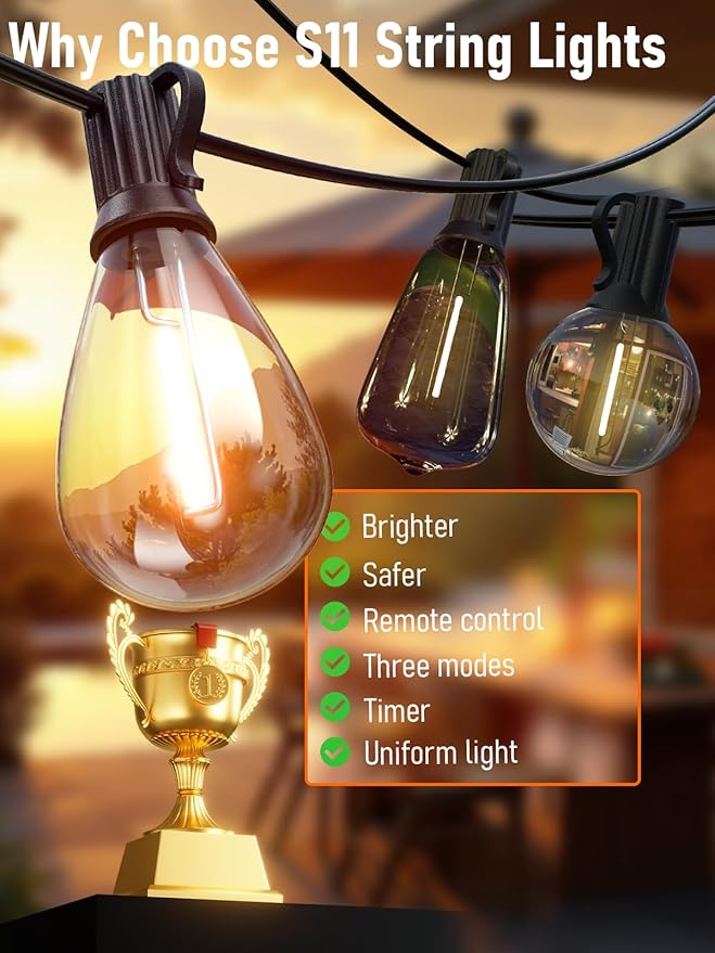 luckystyle 150FT LED Outdoor String Lights with Remote, 55+2 Shatterproof Bulbs Waterproof and Dimmable Patio Lights for Porch, Garden, Backyard, Deck, Balcony, 2200K Hanging Lighting