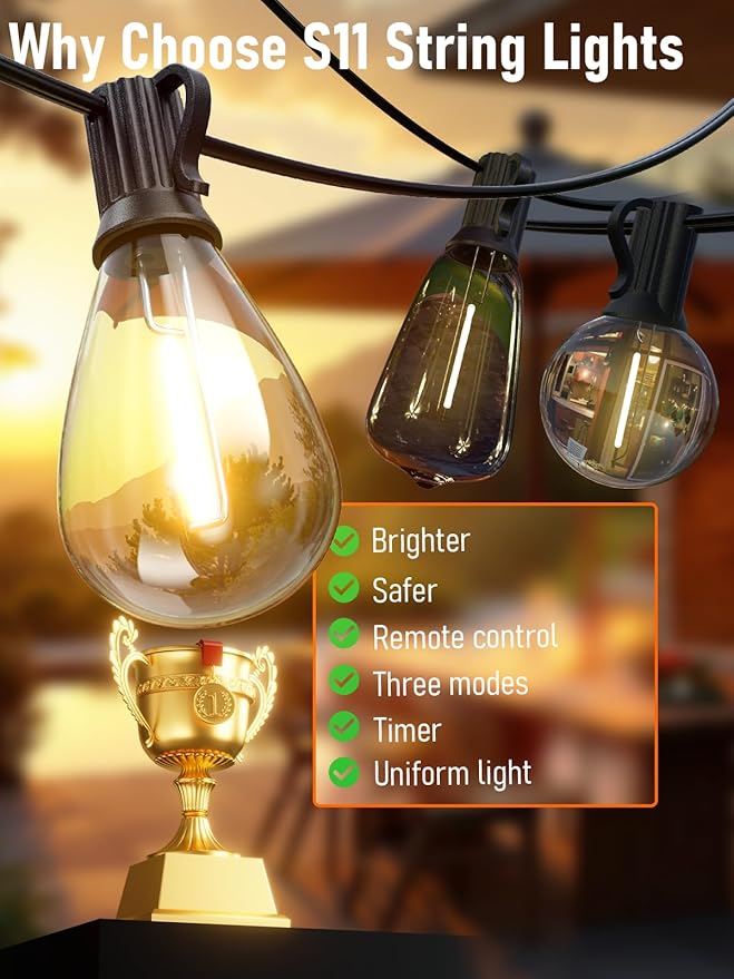 luckystyle 200FT LED Outdoor String Lights with Remote, 74+2 Shatterproof Bulbs Waterproof and Dimmable Patio Lights for Porch, Garden, Backyard, Deck, Balcony, 2700K Hanging Lighting